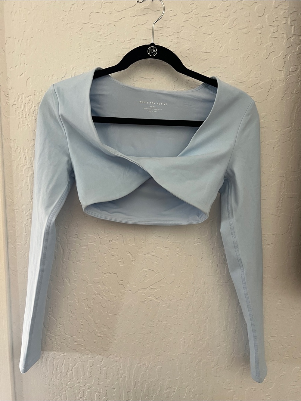 Womens Light Blue Cropped Long Sleeve Wrap Top, by White Fox Active.  Size Small
